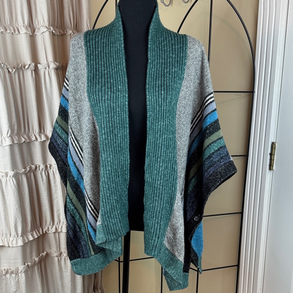 Cabi Gray Green Striped Windchill Wrap Poncho Sweater Women's XS/S Oversized